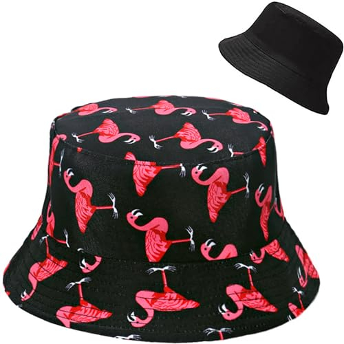 Malaxlx Damen Flamingo Schwarz Muster Fischerhut Bucket Hat Anglerhut Sonnenhut Reversibel Fischerhüte Sommerhut Faltbarer Strandhut Draussenhut