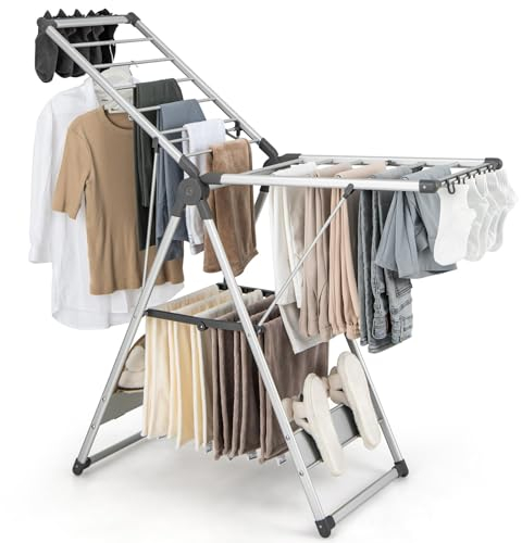 COSTWAY Wäscheständer klappbar, Wäschetrockner ausziehbar, Standtrockner höhenverstellbar mit Flügeln & Schuhablage, Trockenständer Wäscheturm für Innen & Draußen (Standard)