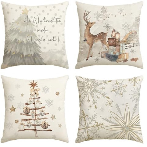 Artoid Mode Schneeflocken Bäume Geschenke Rentier Weihnachten Kissenbezüge 4er Set, 40x40 cm Winter Stern Zierkissenbezug Cushion Cover Couch Deko