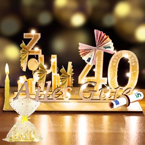 YSWOVUO 40. Geburtstag Frau Mann, Geldgeschenke Holz mit LED Lichterkette, Geschenk zum 40 Geburtstag Mann Frau, Geschenkideen zum 40 Geburtstag, Alles Gute