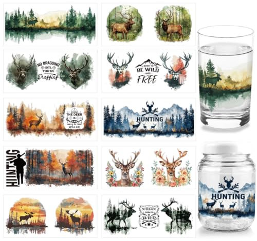 arricraft 10 Blatt UV DTF Becherfolie Mit Jagdhirschmotiv Für 16 oz Glas Wald See Berg Tier Rub Auf Aufkleber Born To Be Wild Und Kostenlose Transfer Aufkleber Für DIY Glas Tassen Gläser