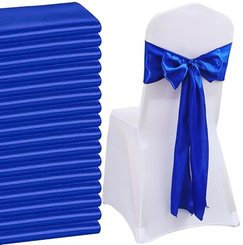 QeeFop 50 Stück Königsblau Satin Schärpe Hochzeit Stuhl Bogen, Elastische Stuhlschärpen Stuhl Schärpen für Hochzeitsdekoration Geburtstag Bankett Party Stuhl Dekoration (Königsblau)