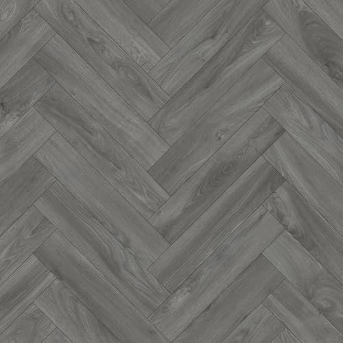 VINYL FLOORING UK Dusky Herringbone Grey Wood Effect Anti-Slip Vinyl Flooring For Kitchen, Bathroom, Dinning Room, 1.9mm Thick Vinyl Sheet -1 X 4 mt