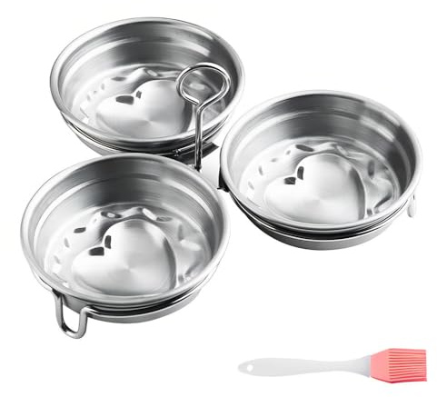 Egg Poacher,Stainless Steel 3 Cups Egg Boiler Maker With Oil Brush Round/Heart Shaped for Making Perfect Boiled Eggs