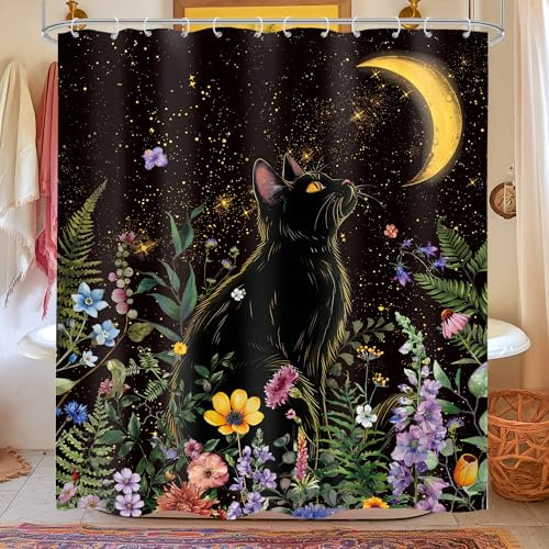 LIGHTINHOME Rideau de douche 152,4 x 183 cm (l x H) - Motif chat noir et lune - Style rétro rustique - Motif floral - Nuit de jardin - En polyester imperméable - Avec crochets