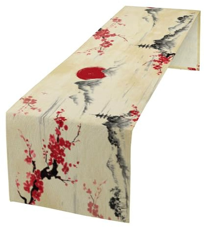 Japanischer Tischläufer, Kirschblüte, asiatische Naturlandschaft, ästhetisch, Küche, Esstisch, Läufer für drinnen und draußen, Zuhause, Party, Urlaub, Dekoration, 33 x 274 cm