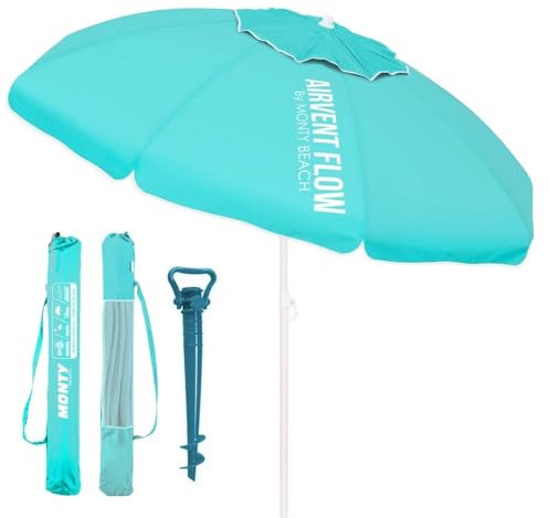 LOLAhome Sombrilla playa 200 cm y soporte arena, protección UV+50, sombrilla antiviento, varillas flexibles fibra vidrio, techo ventilación, mástil inclinable y regulable altura, bolsa transporte