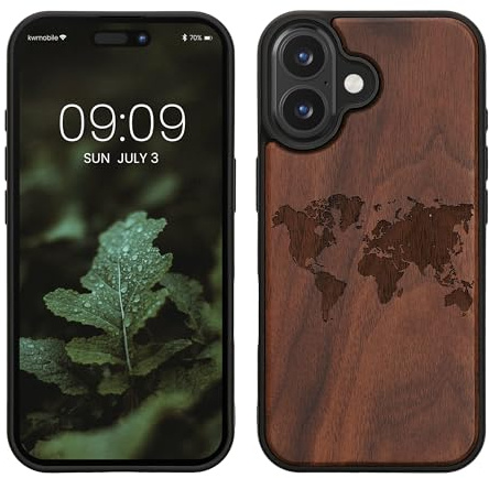 kwmobile Custodia Compatibile con Apple iPhone 16 Cover - Back Case in Legno con Bumper in Silicone TPU - Sagoma Mondo Marrone Scuro