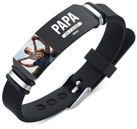 Presentimental Bracelet Homme Personnalisé avec Photo 1-6 Noms Bracelet en Acier inoxydable Silicone Cadeau pour Papa Fête des Pères Noël (1 nom)