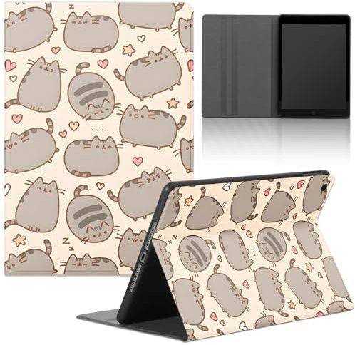 Funda Tablet para iPad 9/8/7 10,2, Modell 2021/2020/2019, 9./8./7. Generation, TPU Carcasa Kawaii Anime Pusheen Lindo Gato Dibujos Animados Diseño Stand Función PU Cuero Flip Protectora Cover,Gato