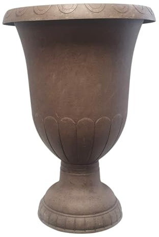DIVAS SPIRITUAL 54cm Brown Urn Style Garden Planter- Lightweight, Water Resistant, Pedestal Base Plastic Plant Pot for Indoor Outdoor Garden Decor