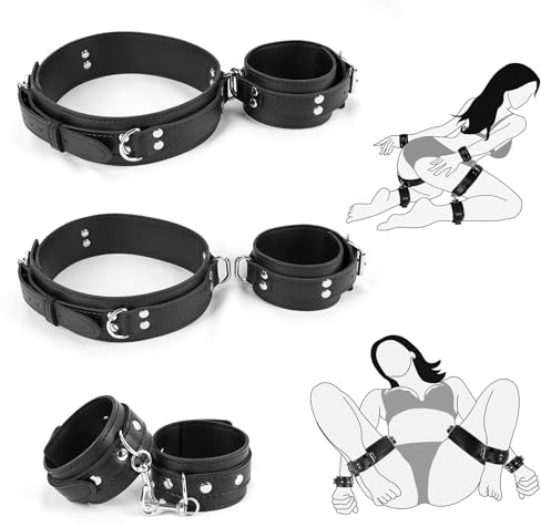 BDSM Bondage Handgelenk Oberschenkel und Knöchelriemen Fesseln Set, Sexspielzeug für Frauen mit Verstellbaren Beinriemen Handschellen, Leder 3 in 1 Kit für Paare Anfänger Spiel (Dark)