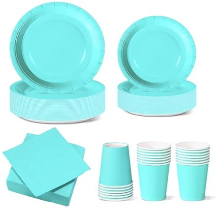 WOOPARTY Set Stoviglie Carta Monouso Turchese 112 Pezzi, Festa di Compleanno, Kit per 24 Ospiti