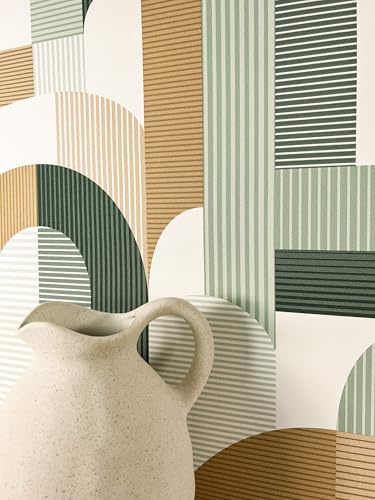 Newroom Vliestapete Grün Streifen Mustertapete Wohnzimmer | geometrisches Bogenmuster matt, feine Streifenstruktur, Retro Mid-Century Boho, Wandtapete Salbeigrün Ocker, Esszimmer Flur