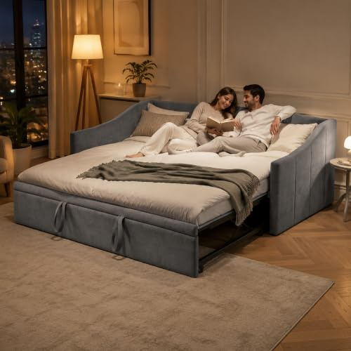 Schlafsofa, 2-Sitzer, 90/180 x 200 cm, Cabrio-Schlafsofa, gepolstertes Bett mit Lattenrost, herausnehmbares Schlafsofa, Samtbezug, Grau (ohne Matratze) (Grau-A)