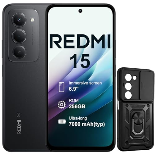 XIAOMI Redmi 15 5G Smartphone | 8GB+256GB | Batteria 7000mAh | Display 6.9 FHD+ 144Hz | Snapdragon 4 Gen 3 | Fotocamera 50MP | Senza Caricatore | Include Custodia Protettiva (Nero)