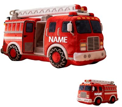 SweetJECCU Personalisiertes Feuerwehr-Kissen, benutzerdefinierter Name, Fahrzeuge, dekorative Kissen, niedliches Auto, kurzes Plüschkissen, Geschenke für Weihnachten, Geburtstag
