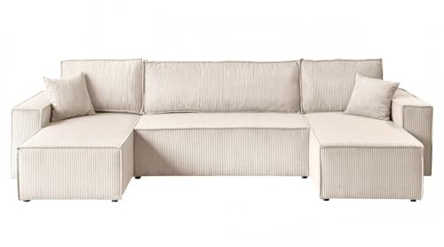 Lookway Ecksofa Carlos U-Form mit Schlaffunktion & Bettkasten – Großes Schlafsofa 130x269 cm, Modernes Sofa mit Stauraum, Bequeme Polsterecke für Wohnzimmer (Creme - Poso 100)