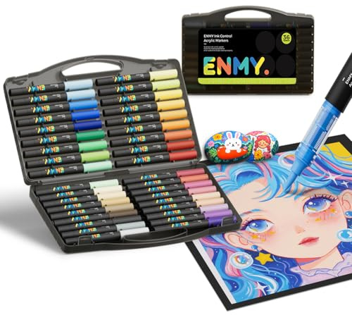 ENMY Lot de 36 marqueurs de peinture feutre acrylique à base eau, pointe pinceau, plumes acryliques, Acrylic Paint Markers pour bois, pierre, toile, verre, tissu, Métal, Plastique