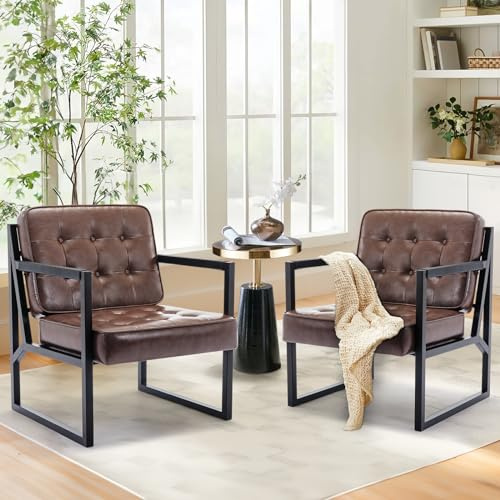 COLAMY Mid Century Modern Accent Chair Set of 2, Comfy Living Room Armchair with Metal Legs, Faux Leather Reception Arm Chair for Living Room Bedroom Reception Office, Brown