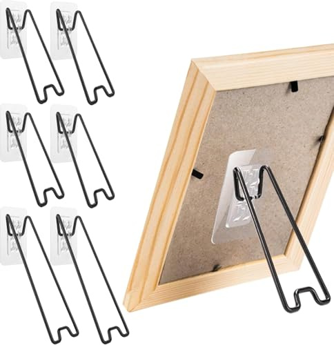 6 Pcs 2 Sizes Picture Frame Stand, Adjustable Picture Frame Holder Stainless Steel Easel Stand, Self Adhesive Photo Frame Stand for 7.02 to 8.58 Photo Frame(Black