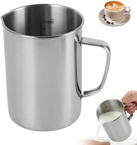 Messbecher Edelstahl 1L, Milchkännchen Mit Griff, Markierung, 1000ml Metall Milk Pitcher Messbecher Tropfschutz Robust für Küche Bar Teeladen