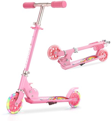 Y-RAIN Pliant Trottinette Enfant AB 3 Ans,Hauteur Guidon Réglable,Noir/Rose | 2 Roues à LED, Poignées mousse, ABEC 7, Frein et Béquille, 50KG Charge