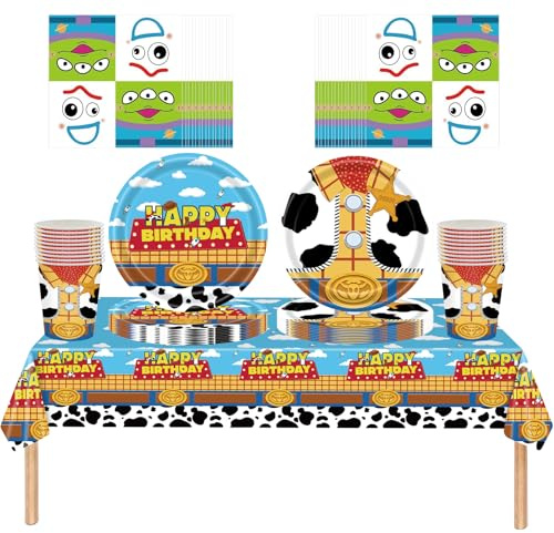 61 piezas Juego de vajilla de cumpleaños con temática de juguetes para niños, compuesto por vasos, platos, mantel y servilletas, suficiente para 20 invitados.