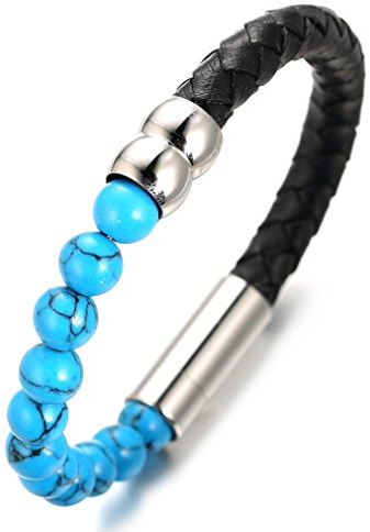 Halukakah ● Salute Die Erde ● Herren-Armband Handgefertigt | Echtleder Schwarz | Rohr Magnetverschluss Edelstahl in Silber | mit Naturstein Blauen Türkis Perlen | KOSTENLOS Geschenkbox | 21.5cm