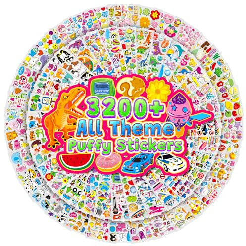 3200+ Stickers for Kids, 3D Puffy Sticker, 64 Different Sheets, Cute Animals Stickers for Boys Girls Teachers, Classroom Reward, Craft Scrapbooking, Party Gift
