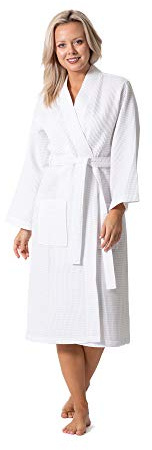 Turkish Linen Waffle Knit Lightweight Kimono Spa & Bath Robes for Women - Quick Dry - Soft (White, Medium)