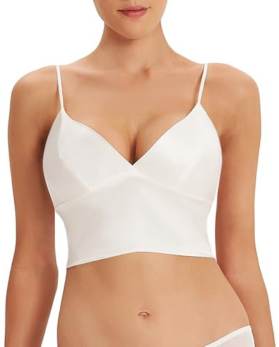 SilRiver Silk Satin Bralette Womens Triangle Bra Deep V Neck Croptops for Teens Wireless Bra(Medium, White)