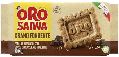 Oro Saiwa Grano Fondente, Biscotti Integrali con Gocce di Cioccolato Fondente, Fonte di Fibre con Farina Integrale, 100% Grano Italiano, 300g (6 monoporzioni da 50g)