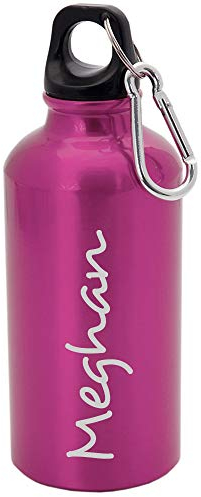 eBuyGB Personalised Any Name Lightweight Reusable Custom Engraved 400ml Aluminium Sports Water Bottle with Screw Cap & Carabiner (Pink - Stylish)