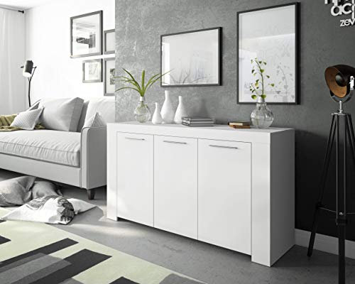 Dmora - Buffet Bellevue, Buffet de salon, Meuble TV, Buffet pour salon, Armoire moderne avec 3 portes, 144x42h80 cm, Blanc