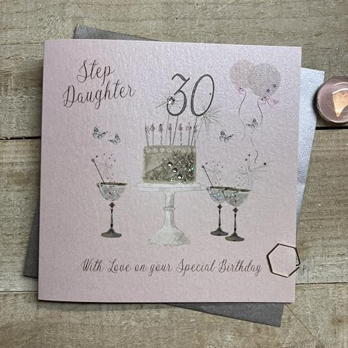 WHITE COTTON CARDS Happy 30th Birthday Card Step Daughter Champagne Glasses Pink & Gold Sparkly Cake SS42-SD30