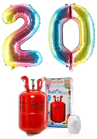 PARTY FACTORY Helium Set 20 mit XXL Zahlenballons, Ballongas und Ballonschnur - für Geburtstag, Jubiläum, Jahrestag; Gold, Silber, Schwarz, Pink, Rosa, Rosagold, Bunt (Regenbogen)