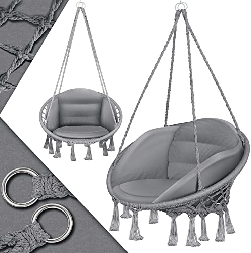 KESSER® Poltrona sospesa con capacità di carico da 150 kg con 2 Anelli in Acciaio, Seduta Imbottita, Frange Intrecciate, Sedia sospesa, Grigio, Con cuscini grandi
