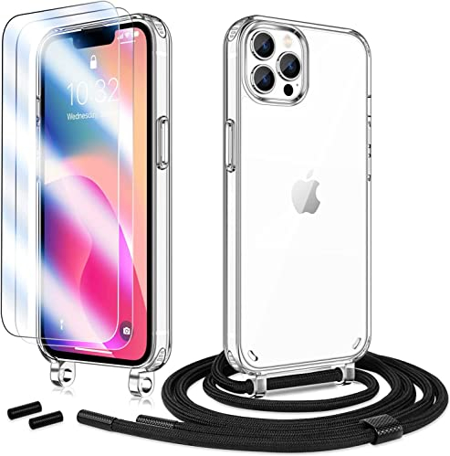 Anshow Handykette für iPhone 13 Pro Hülle mit Band + 2 Schutzfolie, Robust Necklace Extrem Stoßfest Handyhülle iPhone 13 Pro Case Transparent Schutzhülle zum Umhängeband Abnehmbar, Schwarz