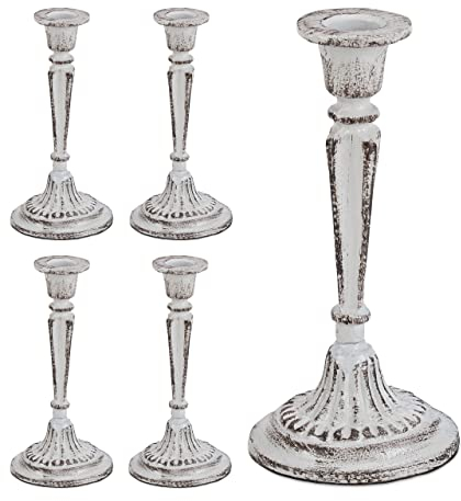 5 x Kerzenständer einarmig, für Tafel- & Stabkerzen, Kerzenleuchter Vintage, Kerzenhalter Gusseisen, HxD 19 x 9 cm, weiß
