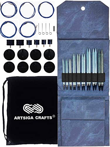 Lykke Indigo Stricknadel-Set, 14 cm, 16 cm und 19 cm, aus Birkenholz, US-Größen 7, 8, 9, 10, 10,5, 11, 13, 15, 17, inklusive Indigo-Denim-Tasche mit Projekttasche