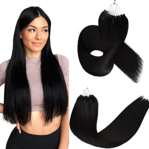 Micro Loop Hair Extensions Real Human Hair 1g/Strand 50s/Pack Straight Hair Pre-Blonded Micro Beads Hair Extensions Micro Rings(14 inch, 1 Jet Black)