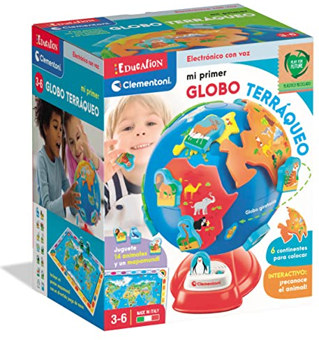 Clementoni - Mein Erster Globus Terracheo; Eine interaktive Junior Mapamundi mit Kontinenten und Tieren; Öko-Spiel auf Spanisch, Ab 3 Jahre (55482)