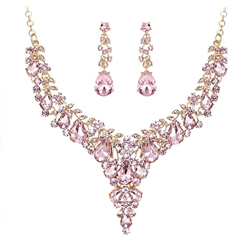 EVER FAITH Österreichisches Kristall-Schmuckset für Damen, Statement Blumen Tränen Halskette und Ohrringe Rosa Gold-Tone