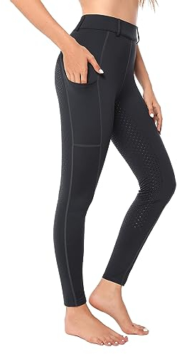 Havideto Reitleggings Damen Vollbesatz mit Handytasche, High Waist Reithose Damen Mädchen Stretch mit Gürtelschlaufen Grau M
