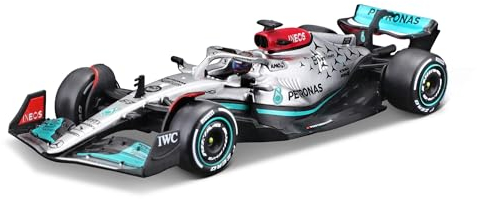 Bburago Mercedes AMG Petronas F1 Team W13 (2022): Modellauto im Maßstab 1:43, #63 George Russel, mit Fahrer, Hardcase, Silber (18-38066R)