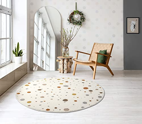 the carpet Beat Kids Moderner Weicher Kinderteppich, Weicher Flor, Pflegeleicht, Farbecht, Punkte Muster, Creme, 120 cm Rund