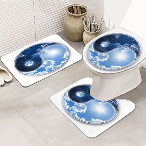 ASEELO 3-teiliges Badezimmerteppich-Set Yin Yang World Badematte und U-förmiger WC-Vorleger mit Deckelbezug für Badewanne, Dusche, Badezimmer