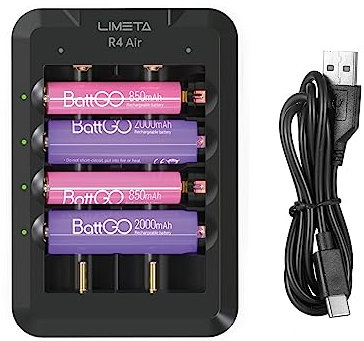 ​LIMETA Ladegerät AAA AA 18650 21700, Kompaktes Schnelles Batterieladegerät für Wiederaufladbare Batterien, Intelligentes Akkuladegerät mit Bluetooth-Verbindung, 40W USB-C Eingang.​