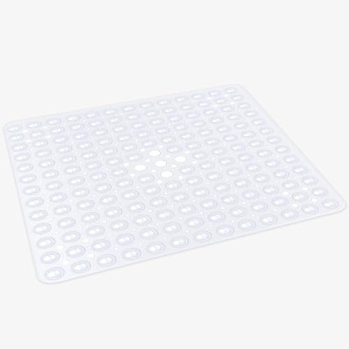 Oxford Homeware Shower Bath Mat Non Slip Anti Mould - Clear 53x5cm Square Shower Mat for Bathtub and Bathroom with Drain Holes and Strong Suction Cups Machine Washable Bath Mats